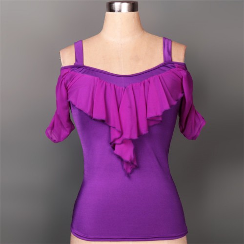 Black red purple royal blue fuchsia v neck dew shoulder fashion women's lady competition ballroom latin dance tops shirts